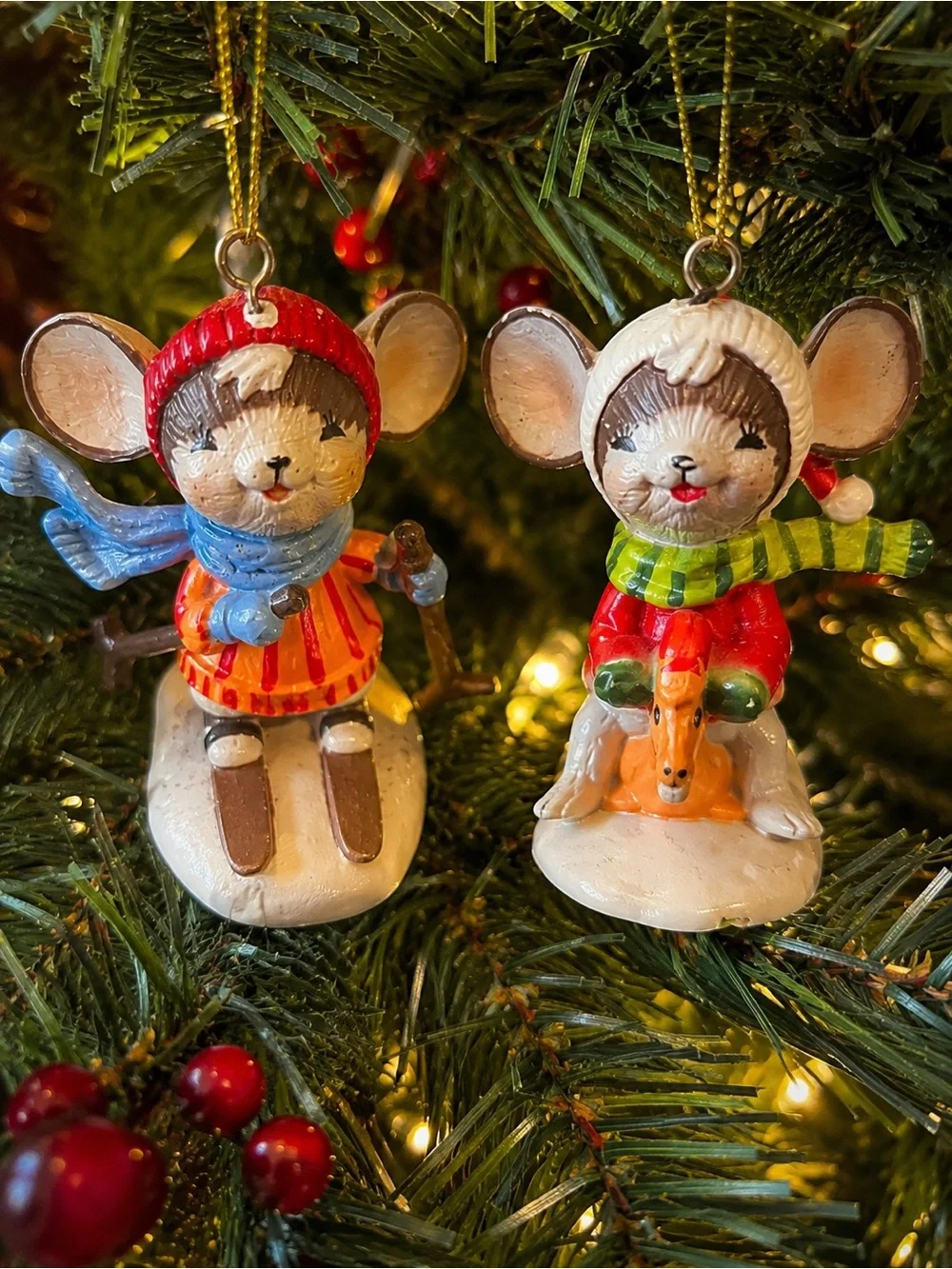 Vintage Set of 2 Winter Mouse Christmas Ornaments – Skier & Sledding Mouse – Han